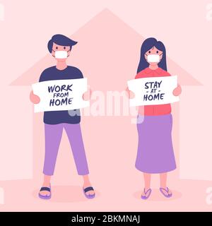 Rimanere a casa sensibilizzazione campagna di social media e prevenzione del coronavirus. Campagna per rimanere a casa e lavorare da casa. Persone che indossano maschere facciali Illustrazione Vettoriale