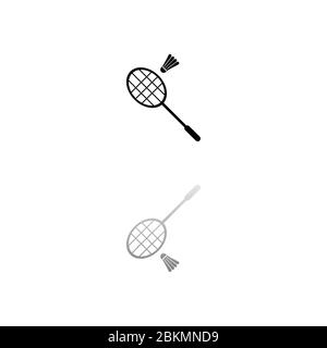 Badminton. Simbolo nero su sfondo bianco. Illustrazione semplice. Icona vettore piatto. Specchia ombra di riflessione. Può essere utilizzato in logo, Web, dispositivi mobili e interfaccia utente Illustrazione Vettoriale