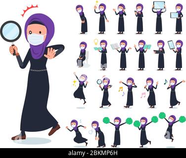 Un set di donne che indossano maschera e hijab con apparecchiature digitali come smartphone.There sono azioni che esprimono emozioni.IT's vettoriale arte in modo che è facile Illustrazione Vettoriale