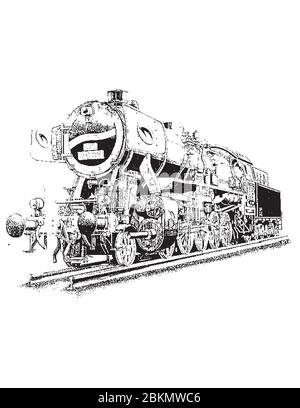 Locomotiva a vapore grande ed elegante. Motivo retrò su sfondo bianco Illustrazione Vettoriale