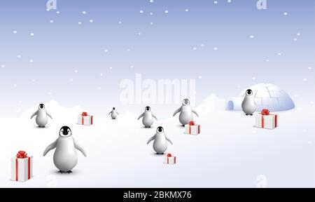 diversi pinguini sono nella neve con i regali Illustrazione Vettoriale