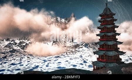 Sun temple - santuario buddista in Himalaya rendering 3D Foto Stock