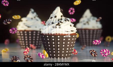 Gustosi cupcake di crema e cioccolato - illustrazione 3d Foto Stock