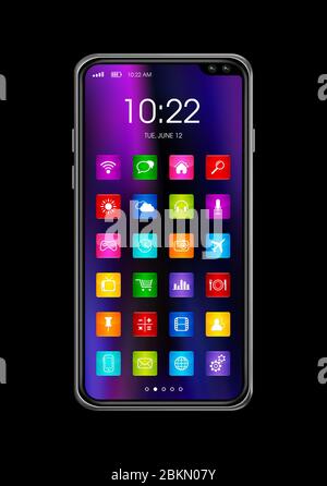Smartphone con immagini realistiche digitali e icone colorate, isolato sul nero. Rendering 3D Foto Stock