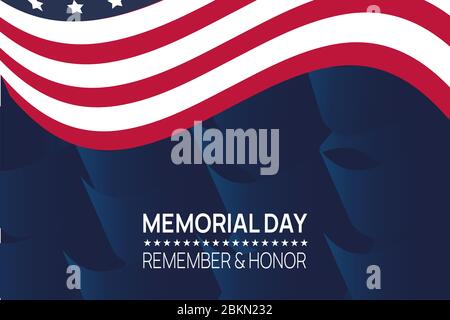 Illustrazione vettoriale del giorno del memoriale. Bandiera degli Stati Uniti su sfondo astratto blu scuro. Illustrazione Vettoriale