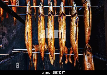 Sgombro intero appena affumicato come cibo sano. Scomber scombrus. Foto Stock