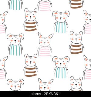 Cucciolo, coniglietto e orso carino senza cuciture doodle modello vettore. Sfondo di cartone animato infantile con animali allegri. Illustrazione Vettoriale