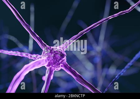 Cellule neurone cervello astratte con nodi di collegamento. Cellule di sinapsi e neuroni che inviano segnali chimici elettrici. Neuroni interconnessi con elettrico Foto Stock