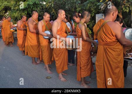 In una vacanza buddista, i monaci buddisti con le rose arancioni stanno allineando tenendo aperte le loro coppe delle elemosine per ricevere offerte; Choeng Talay, Phuket, Thailandia Foto Stock