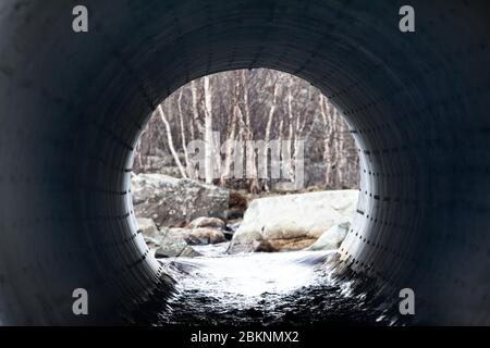 Tubo sotto la strada (culverts) diametro grande per drenare l'acqua di sorgente dal fiume e dalla foresta attraverso il foro del tubo Foto Stock