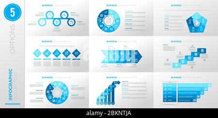 Modello aziendale infografico con 5 opzioni. Versione colore blu. Illustrazione Vettoriale