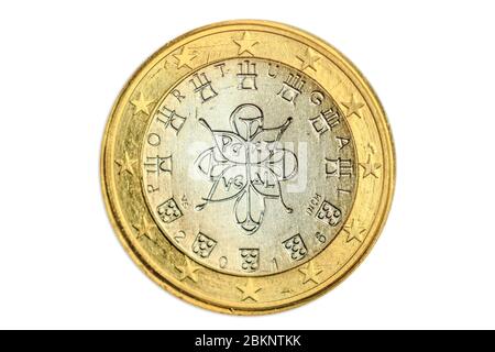 Una moneta francese in euro della Francia. Primo piano con il simbolo dell'albero e il motto Liberté Egalite Fraternite di Francia. Isolato su sfondo bianco studio Foto Stock