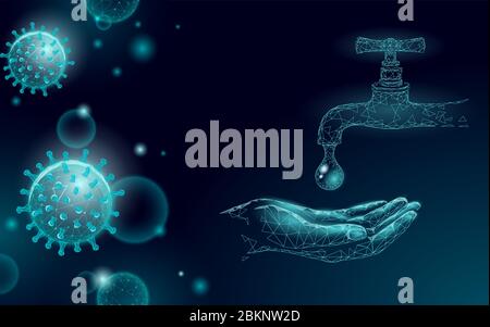 Interrompere il rendering 3D delle mani di lavaggio del coronavirus in bassa poly. Prevenzione infezione virus influenza polmonite. Acqua pulizia tecnologia medicina vettore Illustrazione Vettoriale