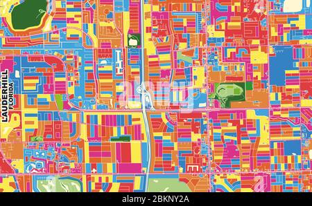 Mappa vettoriale colorata di Lauderhill, Florida, USA. Modello Art Map per autostampare opere d'arte murali in formato orizzontale. Illustrazione Vettoriale