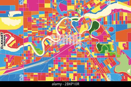 Mappa vettoriale colorata di Elkhart, Indiana, Stati Uniti d'America. Modello Art Map per autostampare opere d'arte murali in formato orizzontale. Illustrazione Vettoriale