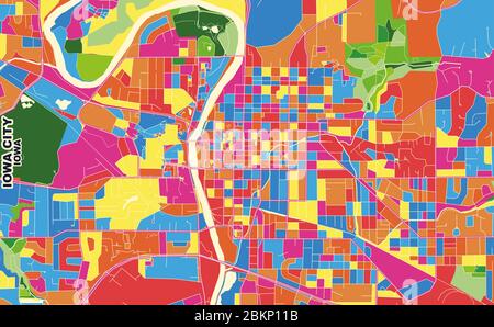 Mappa vettoriale colorata di Iowa City, Iowa, USA. Modello Art Map per autostampare opere d'arte murali in formato orizzontale. Illustrazione Vettoriale
