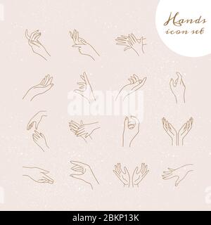 Un ampio set di icone lineari a mano in diverse variazioni e posizioni e che mostrano vari gesti Illustrazione Vettoriale