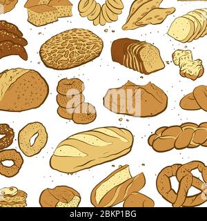 Disegno disegnato a mano su una parete di carta da parati disposta in modo lasco che organizza pane e pasticcini. Disegno vettoriale colorato di una composizione con un diverso an europeo Illustrazione Vettoriale