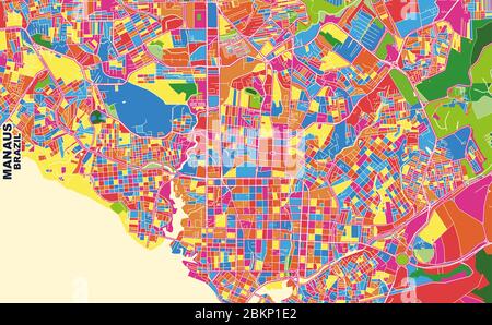 Mappa vettoriale colorata di Manaus, Brasile. Modello Art Map per autostampare opere d'arte murali in formato orizzontale. Illustrazione Vettoriale