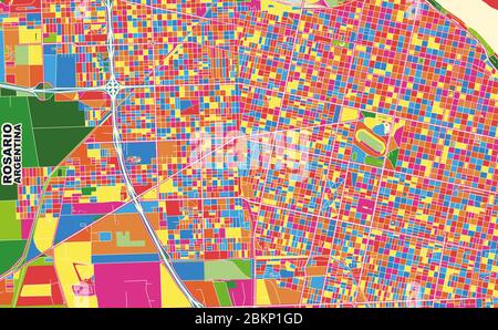 Mappa vettoriale colorata di Rosario, Argentina. Modello Art Map per autostampare opere d'arte murali in formato orizzontale. Illustrazione Vettoriale