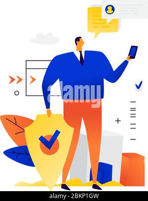 Illustrazione di un uomo d'affari con un telefono e uno scudo. Vettore. Protezione dei dati personali. Protezione contro gli hacker del telefono. Chatti Illustrazione Vettoriale