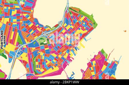 Mappa vettoriale colorata di Portland, Maine, USA. Modello Art Map per autostampare opere d'arte murali in formato orizzontale. Illustrazione Vettoriale