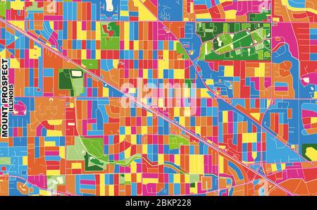 Mappa vettoriale colorata di Mount Prospect, Illinois, USA. Modello Art Map per autostampare opere d'arte murali in formato orizzontale. Illustrazione Vettoriale