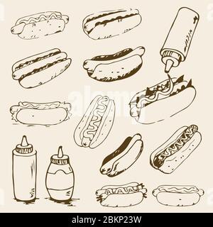 Set di illustrazioni disegnate a mano con hot dog. Elementi di progettazione fast food, schizzi di hotdog con salsa, maionese e verdure. Vettore EPS8 monocromatico Illustrazione Vettoriale