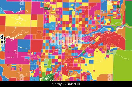 Mappa vettoriale colorata di Logan, Utah, Stati Uniti d'America. Modello Art Map per autostampare opere d'arte murali in formato orizzontale. Illustrazione Vettoriale