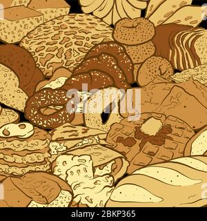 Schizzo vettoriale colorato molto dettagliato di una composizione con diversi tipi di pane. Area disegnata a mano che riempie lo schizzo sulla lavagna. Illustrazione Vettoriale