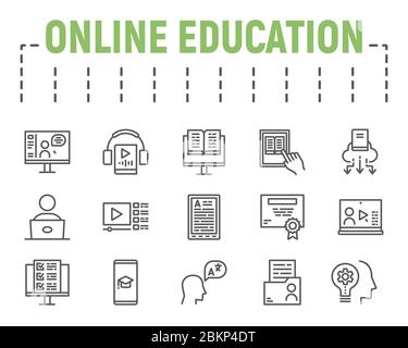 Set di icone della linea di formazione online, raccolta di simboli di apprendimento a distanza, schizzi vettoriali, illustrazioni di logo, icone di apprendimento online, segni didattici Illustrazione Vettoriale