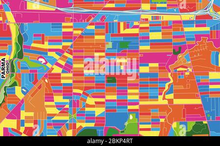 Mappa vettoriale colorata di Parma, Ohio, USA. Modello Art Map per autostampare opere d'arte murali in formato orizzontale. Illustrazione Vettoriale