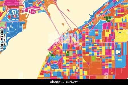 Mappa vettoriale colorata di Fort Myers, Florida, USA. Modello Art Map per autostampare opere d'arte murali in formato orizzontale. Illustrazione Vettoriale