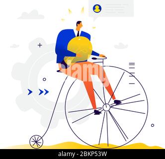 L'uomo d'affari guida una bicicletta. Vettore. Un uomo in bicicletta retrò con una lampada elettrica viaggia per lavoro. Chat e idee per il lavoro remoto. Autobus di tendenza piatto Illustrazione Vettoriale