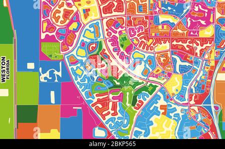 Mappa vettoriale colorata di Weston, Florida, USA. Modello Art Map per autostampare opere d'arte murali in formato orizzontale. Illustrazione Vettoriale