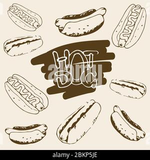 Illustrazioni disegnate a mano da Hot Dog. Elementi di progettazione fast food, schizzi di hot dog con salsa e maionese. Grafica vettoriale EPS8 monocromatica. Illustrazione Vettoriale