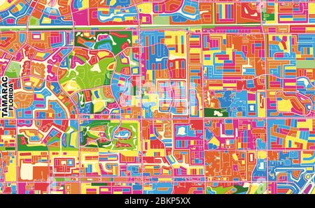 Mappa vettoriale colorata di Tamarac, Florida, USA. Modello Art Map per autostampare opere d'arte murali in formato orizzontale. Illustrazione Vettoriale