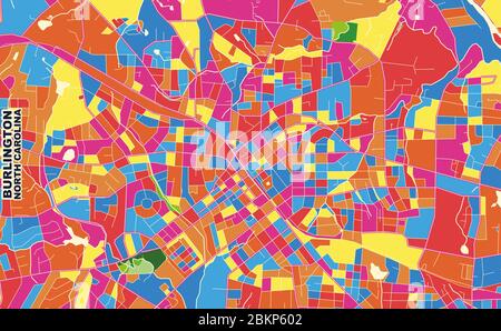 Mappa vettoriale colorata di Burlington, Carolina del Nord, Stati Uniti d'America. Modello Art Map per autostampare opere d'arte murali in formato orizzontale. Illustrazione Vettoriale