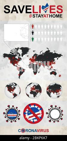 Infografica su Coronavirus a Capo Verde - soggiorno a casa, salvare vite. Bandiera e mappa del Capo Verde, Mappa del mondo con casi COVID-19. Illustrazione Vettoriale