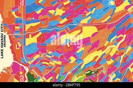 Mappa vettoriale colorata di Lake Havasu City, Arizona, Stati Uniti d'America. Modello Art Map per autostampare opere d'arte murali in formato orizzontale. Illustrazione Vettoriale