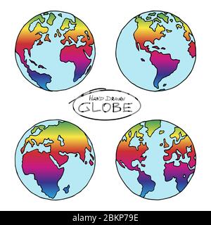 Globo disegnato a mano colorato in gradiente arcobaleno. Simbolo colorato di libertà, uguaglianza e pace. Non esattamente disegno di contorno di precisione della mappa del mondo. Facile Illustrazione Vettoriale