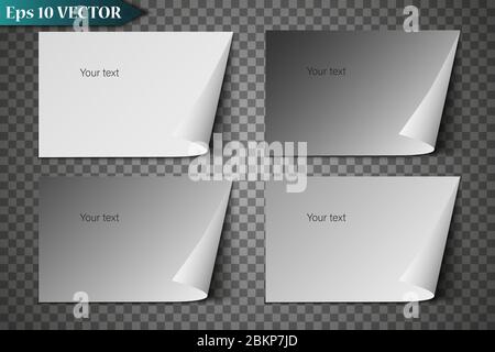 Foglio di carta vettoriale realistico con angolo piegato. Foglio di carta A4 con ombre su sfondo trasparente. Illustrazione Vettoriale