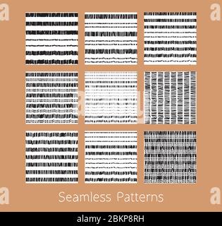 Serie di ripetizioni senza giunture tratteggiate e tratteggiate. Tela di tela stilizzata e trama astratta a ripetizione nei colori bianco e nero. Vettore eps8 Illustrazione Vettoriale