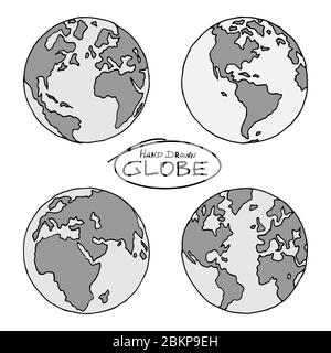 Globo disegnato a mano in quattro proiezioni. Emisferi occidentali e orientali, nord e sud. Non esattamente disegno di contorno di precisione della mappa del mondo in nero e Illustrazione Vettoriale