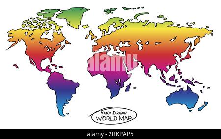 Mappa colorata disegnata a mano del mondo. Disegno di contorno non preciso della mappa globale colorata in colori arcobaleno brillanti. Simbolo concettuale di liberato Illustrazione Vettoriale