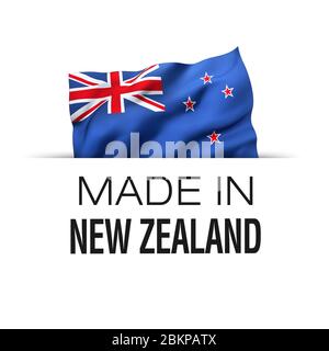 Made in New Zealand - etichetta di garanzia con bandiera neozelandese ondulata. Illustrazione 3D. Foto Stock