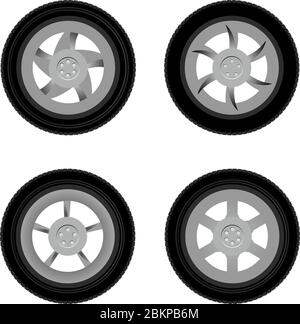 Ruote Vector isolate su bianco. Set di ruote con cerchi in alluminio e pneumatici realistici Illustrazione Vettoriale