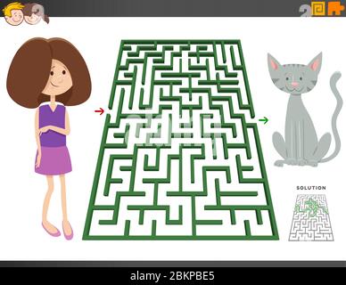 Illustrazione di gioco di puzzle di labirinto educativo per bambini con ragazza e gatto o personaggio di animale di gattino Illustrazione Vettoriale