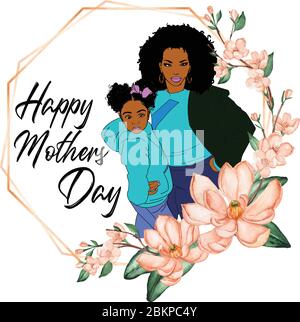 Afro madre americana e figlia in piedi insieme madri giorno vettore design con cornice floreale Illustrazione Vettoriale