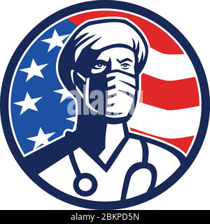 Icona Mascot illustrazione di un medico americano, chirurgo, medico professionista, infermiere, operatore sanitario o essenziale che indossa maschera chirurgica USA stelle A. Illustrazione Vettoriale